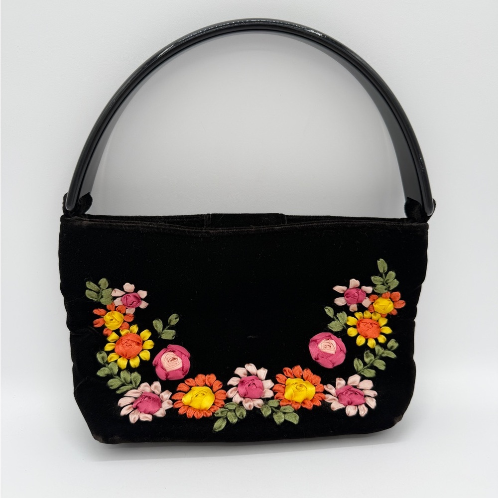 Floral Embroidered Black Handbag